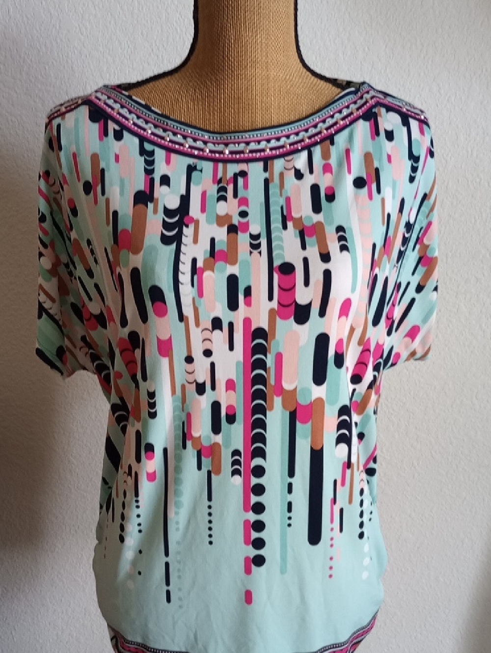 Mint Short-Sleeve Printed Top with Multicolor Abstract Design